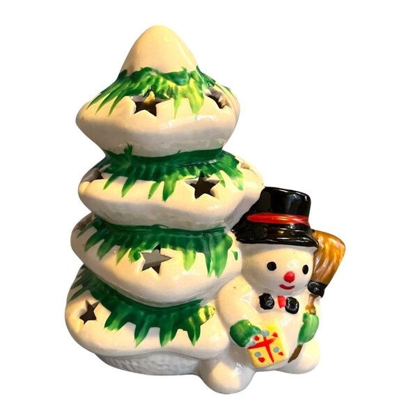 Vintage Ceramic Christmas Tree Tea Light Holder With Snowman Design - Picture 14 of 15